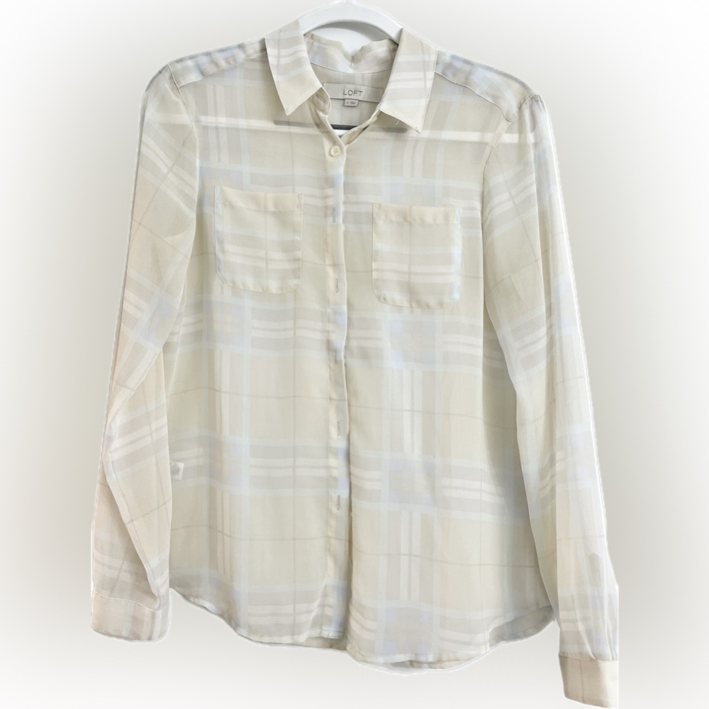 LOFT Apricot and Ivory Sheer Plaid Blouse